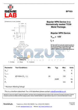 BFY63 datasheet - Bipolar NPN Device in a Hermetically sealed TO39