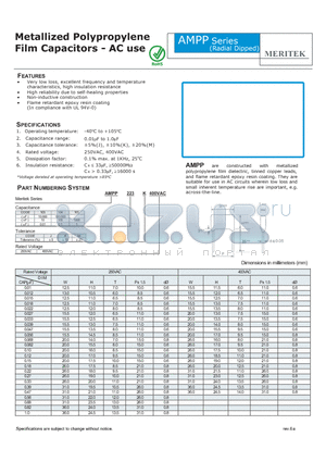 AMPP103J400VAC datasheet - Metallized Polypropylene Film Capacitors - AC use