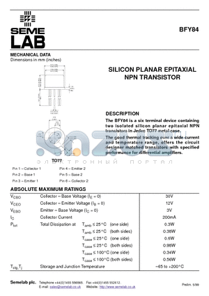 BFY84 datasheet - SILICON PLANAR EPITAXIAL NPN TRANSISTOR