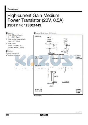 2SD2114K datasheet - High-current Gain MediumPower Transistor (20V, 0.5A)