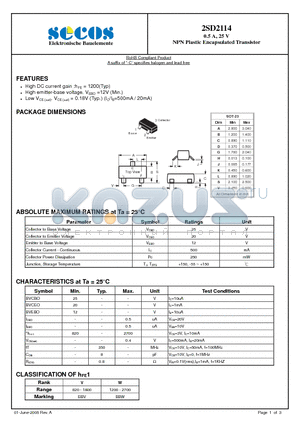 2SD2114 datasheet - NPN Plastic Encapsulated Transistor