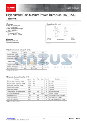 2SD2114K datasheet - High-current Gain Medium Power Transistor (20V, 0.5A)