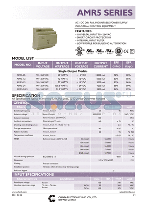 AMR5-05 datasheet - AC - DC DIN RAIL MOUNTABLE POWER SUPPLY INDUSTRIAL CONTROL EQUIPMENT