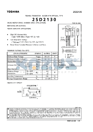 2SD2130 datasheet - NPN EPITAXIAL TYPE (MICRO MOTOR DRIVE, HAMMER DRIVE, SWITCHING, POWER AMPLIFIER APPLICATIONS)
