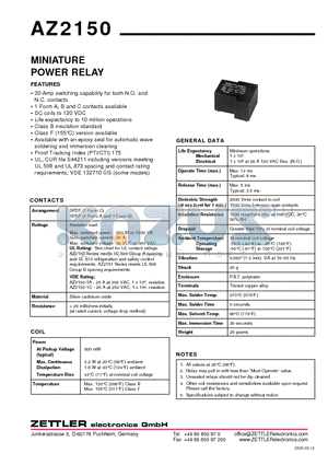 AZ2150 datasheet - MINIATURE POWER RELAY