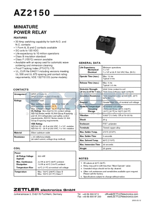 AZ2150-1A-110D datasheet - MINIATURE POWER RELAY
