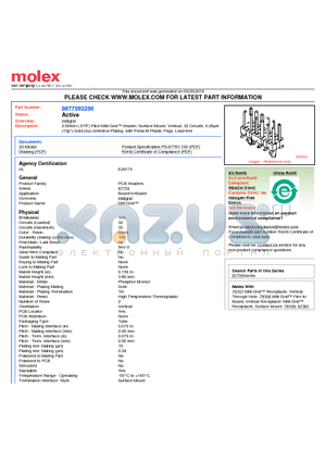 0877593250 datasheet - 2.00mm (.079) Pitch Milli-Grid Header, Surface Mount, Vertical, 32 Circuits, 0.38lm (15l) Gold (Au) Selective Plating, with Press-fit Plastic Pegs, Lead-free