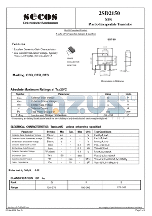 2SD2150 datasheet - NPN Plastic-Encapsulate Transistor