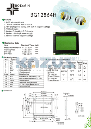 BG12864H datasheet - COB with metal frame Built-in controller KS0107/0108