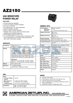 AZ2150-1A-18DE datasheet - 40A MINIATURE POWER RELAY