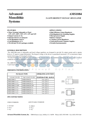 AMS1084CT-285 datasheet - 5A LOW DROPOUT VOLTAGE REGULATOR