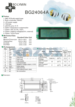 BG24064A datasheet - SMT PCB with metal frame Built in controller T6963C