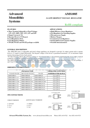 AMS1085CD-2.85 datasheet - 3A LOW DROPOUT VOLTAGE REGULATOR