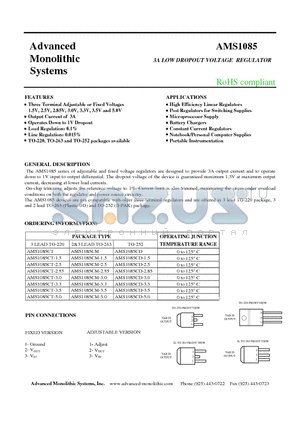 AMS1085CD-1.5 datasheet - 3A LOW DROPOUT VOLTAGE REGULATOR