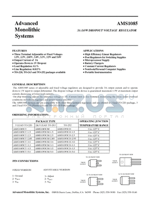 AMS1085CD-25 datasheet - 3A LOW DROPOUT VOLTAGE REGULATOR