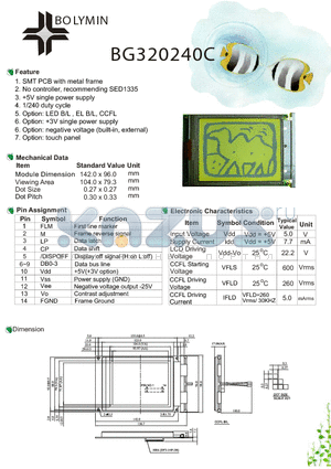 BG320240C datasheet - SMT PCB with metal frame No controller, recommending SED1335