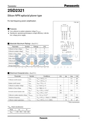 2SD2321 datasheet - Silicon NPN epitaxial planer type(For low-frequency power amplification)