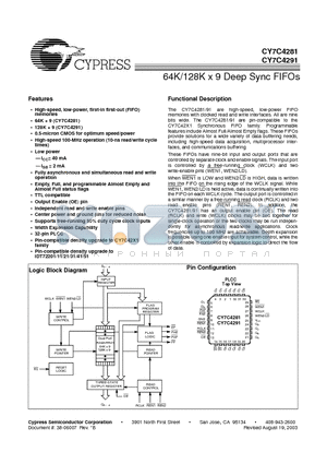 CY7C4291-10JI datasheet - 64K/128K x 9 Deep Sync FIFOs