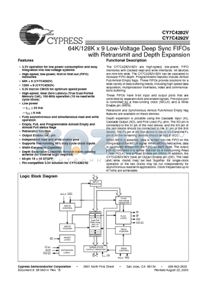 CY7C4292V-10ASC datasheet - 64K/128K x 9 Low-Voltage Deep Sync FIFOs with Retransmit and Depth Expansion