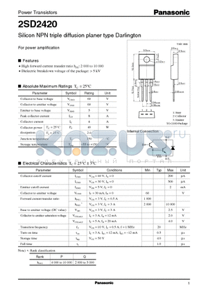2SD2420 datasheet - Silicon NPN triple diffusion planer type Darlington(For power amplification)