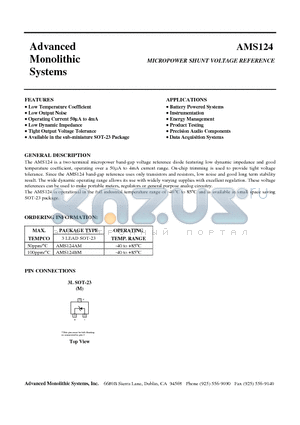 AMS124A datasheet - MICROPOWER SHUNT VOLTAGE REFERENCE