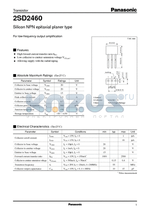 2SD2460 datasheet - Silicon NPN epitaxial planer type(For low-frequency output amplification)