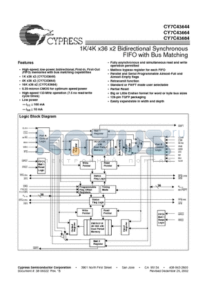 CY7C43644 datasheet - 1K/4K x36 x2 Bidirectional Synchronous FIFO with Bus Matching