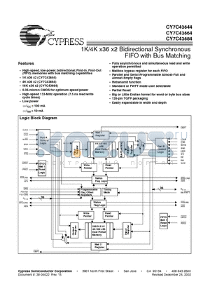 CY7C43644-15AC datasheet - 1K/4K x36 x2 Bidirectional Synchronous FIFO with Bus Matching