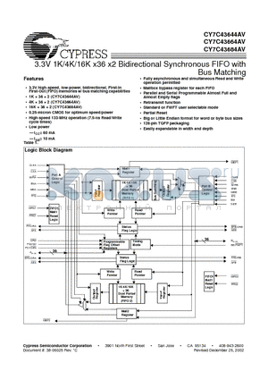 CY7C43644AV datasheet - 3.3V 1K/4K/16K x36 x2 Bidirectional Synchronous FIFO with Bus Matching