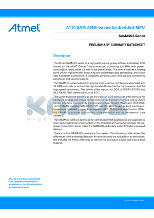 BGA324 datasheet - The Atmel SAMA5D3 series is a high-performance, power-efficient embedded MPU based on the ARM^ Cortex-A5 processor, achieving 536 MHz with power consumption levels below 0.5 mW in low-power mode.