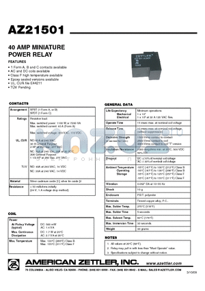 AZ21501-1A-15D datasheet - 40 AMP MINIATURE POWER RELAY