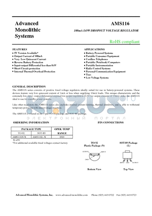 AMS116N-X datasheet - 100mA LOW DROPOUT VOLTAGE REGULATOR