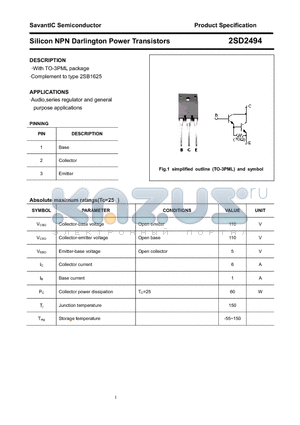 2SD2494 datasheet - Silicon NPN Darlington Power Transistors