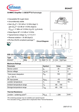 BGA427_07 datasheet - Si-MMIC-Amplifier in SIEGET 25-Technologie