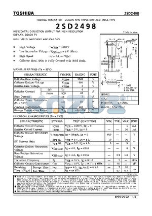 2SD2498 datasheet - NPN TRIPLE DIFFUSED MESA TYPE (HORIZONTAL DEFLECTION OUTPUT FOR HIGH RESOLUTION DISPLAY, COLOR TV. HIGH SPEED SWITCHING APPLICATIONS)