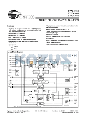 CY7C43666-10AC datasheet - 1K/4K/16K x36/x18/x2 Tri Bus FIFO