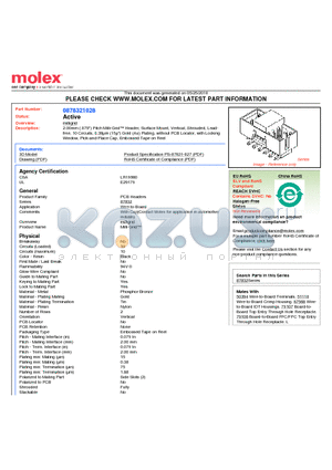 0878321028 datasheet - 2.00mm (.079) Pitch Milli-Grid Header, Surface Mount, Vertical, Shrouded, Leadfree 10 Circuits, 0.38lm (15l) Gold (Au) Plating, without PCB Locator