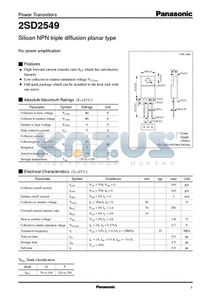 2SD2549 datasheet - Silicon NPN triple diffusion planar type(For power amplification)