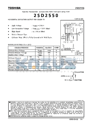 2SD2550 datasheet - NPN TRIPLE DIFFUSED MESA TYPE (HORIZONTAL DEFLECTION OUTPUT FOR COLOR TV)