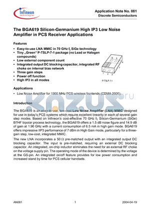 BGA619 datasheet - The BGA619 Silicon-Germanium High IP3 Low Noise Amplifier in PCS Receiver Applications