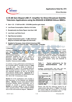 BGB540 datasheet - A 35 dB Gain-Sloped LNB I.F. Amplifier for Direct Broadcast Satellite Television Applications using the BGA430 & BGB540 Silicon MMICs