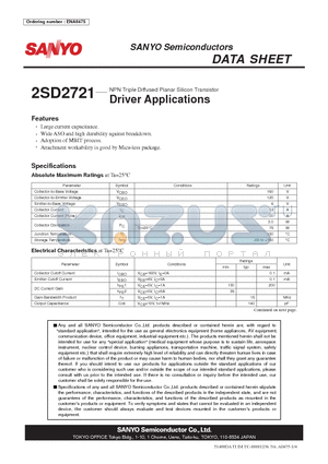 2SD2721 datasheet - NPN Triple Diffused Planar Silicon Transistor Driver Applications