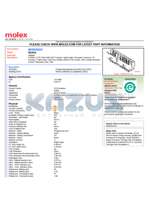 0878333221 datasheet - 2.00mm (.079) Pitch Milli-Grid Header, Right Angle, Shrouded, Lead-free, 32 Circuits, 0.76lm (30l) Gold (Au) Plating, without PCB Locator, with Locking Windows