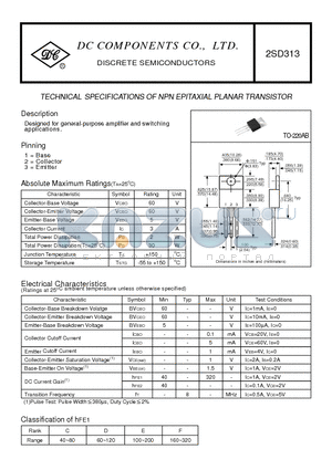 2SD313 datasheet - TECHNICAL SPECIFICATIONS OF NPN EPITAXIAL PLANAR TRANSISTOR