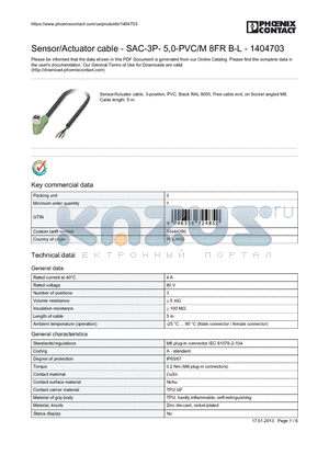 1404703 datasheet - Sensor/Actuator cable - SAC-3P- 5,0-PVC/M 8FR B-L - 1404703