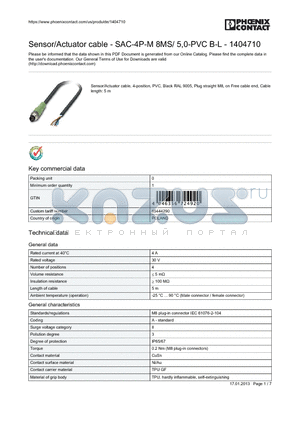 1404710 datasheet - Sensor/Actuator cable - SAC-4P-M 8MS/ 5,0-PVC B-L - 1404710