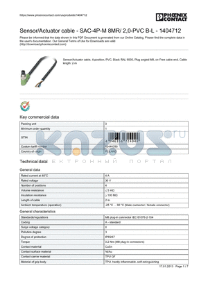 1404712 datasheet - Sensor/Actuator cable - SAC-4P-M 8MR/ 2,0-PVC B-L - 1404712