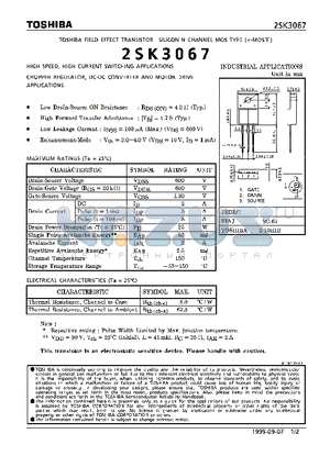 2SD3067 datasheet - N CHANNEL MOS TYPE (HIGH SPEED, HIGH CURRENT SWITCHIGN, CHOPPER REGULATOR, DC-DC CONVERTER AND MOTOR DRIVE APPLICATIONS)