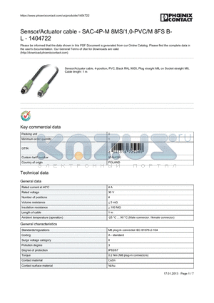 1404722 datasheet - Sensor/Actuator cable - SAC-4P-M 8MS/1,0-PVC/M 8FS B-L - 1404722