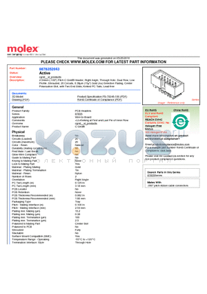 0878352043 datasheet - 2.54mm (.100) Pitch C-Grid^ Header, Right Angle, Through Hole, Dual Row, Low Profile, Shrouded, 20 Circuits, 0.38lm (15l) Gold (Au) Selective Plating